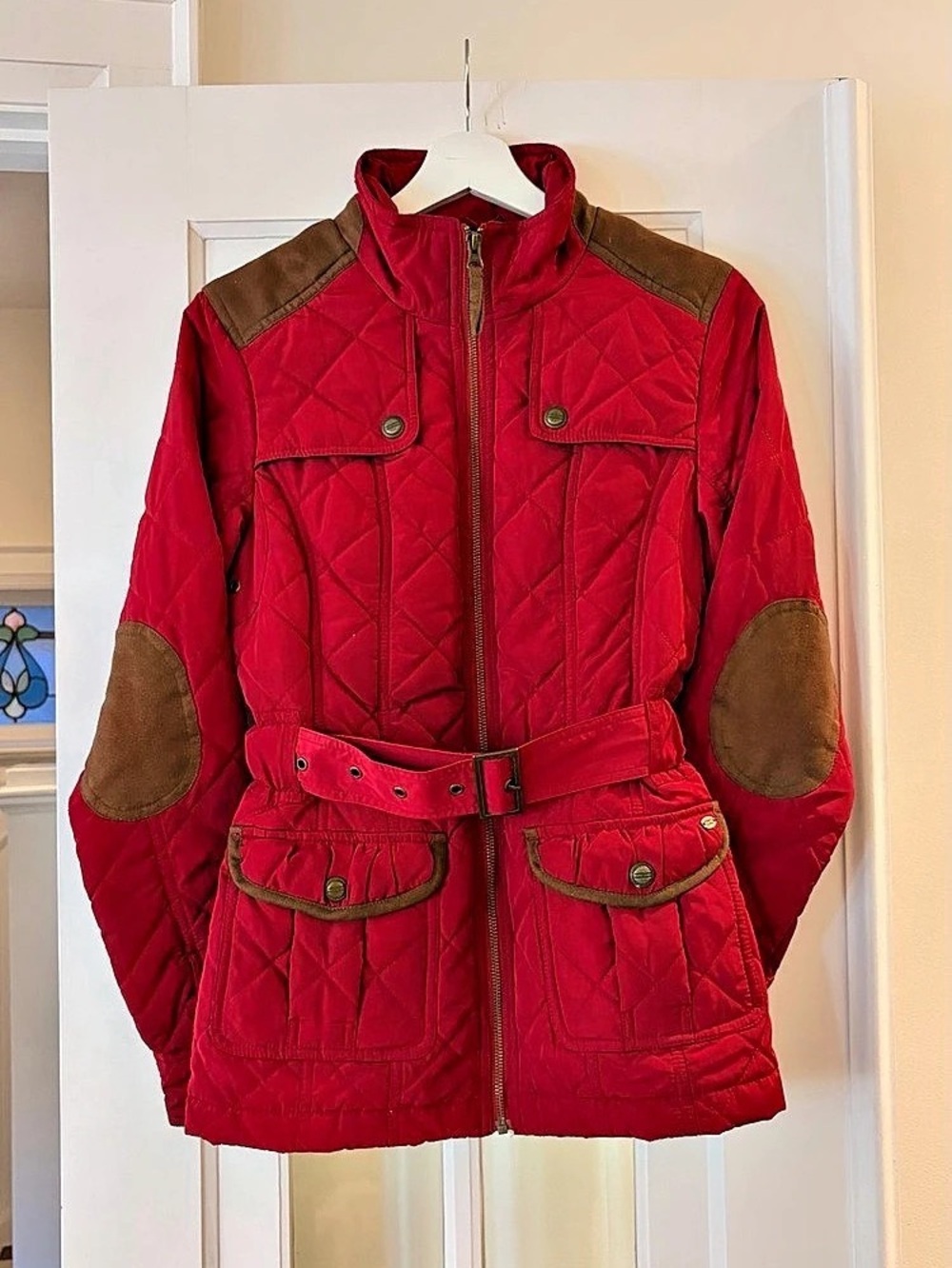 Point Zero Collection Red Quilted Jacket w Brown Suede Detail Size Small